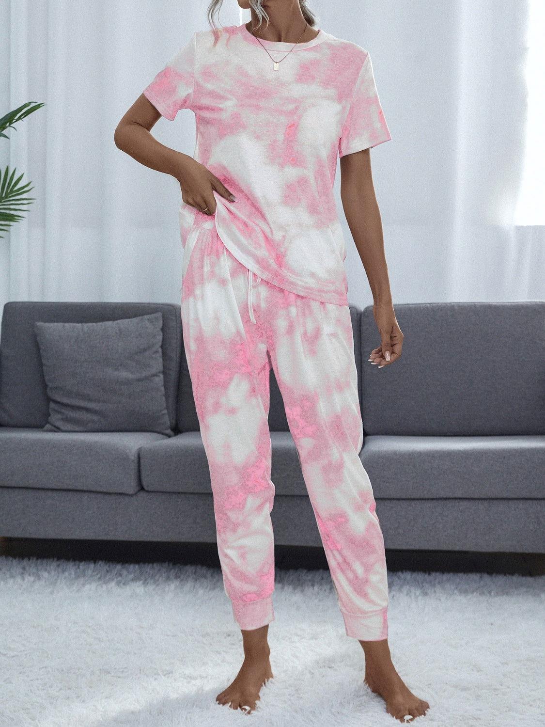 Shiny Tie-Dye Round Neck Short Sleeve Top and Pants - Clothes For Her Online Store