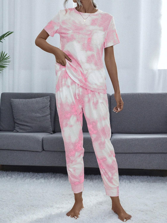 Shiny Tie-Dye Round Neck Short Sleeve Top and Pants - Clothes For Her Online Store