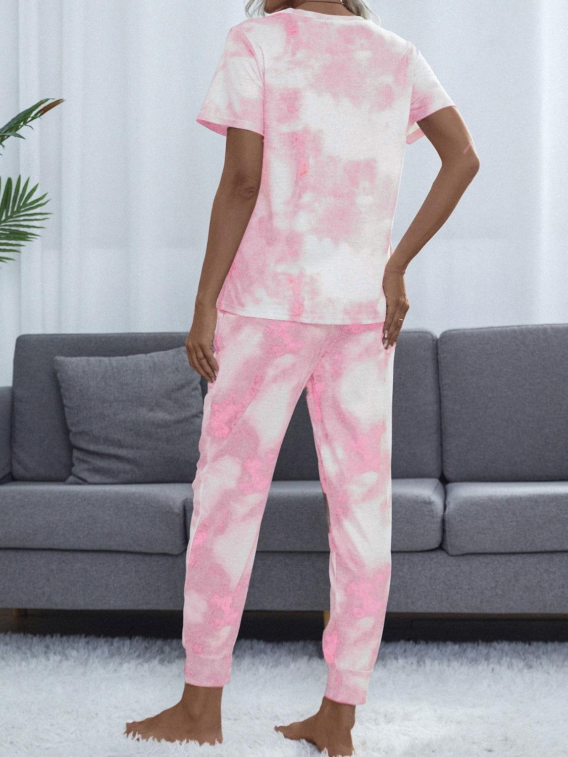 Shiny Tie-Dye Round Neck Short Sleeve Top and Pants - Clothes For Her Online Store