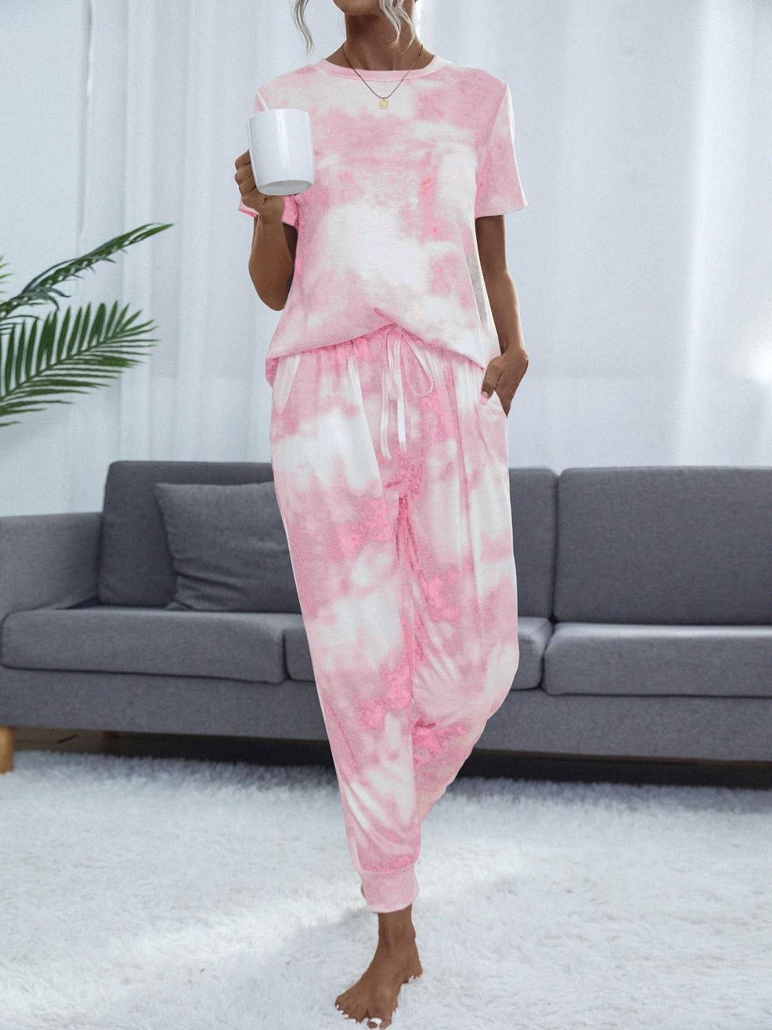 Shiny Tie-Dye Round Neck Short Sleeve Top and Pants - Clothes For Her Online Store