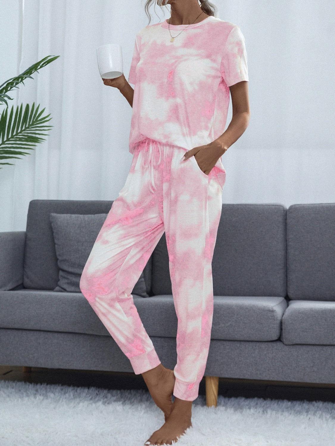 Shiny Tie-Dye Round Neck Short Sleeve Top and Pants - Clothes For Her Online Store