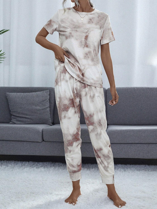 Shiny Tie-Dye Round Neck Short Sleeve Top and Pants Lounge Set - Clothes For Her Online Store
