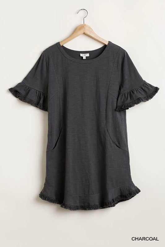Short Ruffle Frayed Hem And Round Neck Dress With Pockets - Clothes For Her Online Store