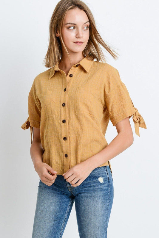 Short Sleeve Button Up Top With Tie Sleeve - Clothes For Her Online Store