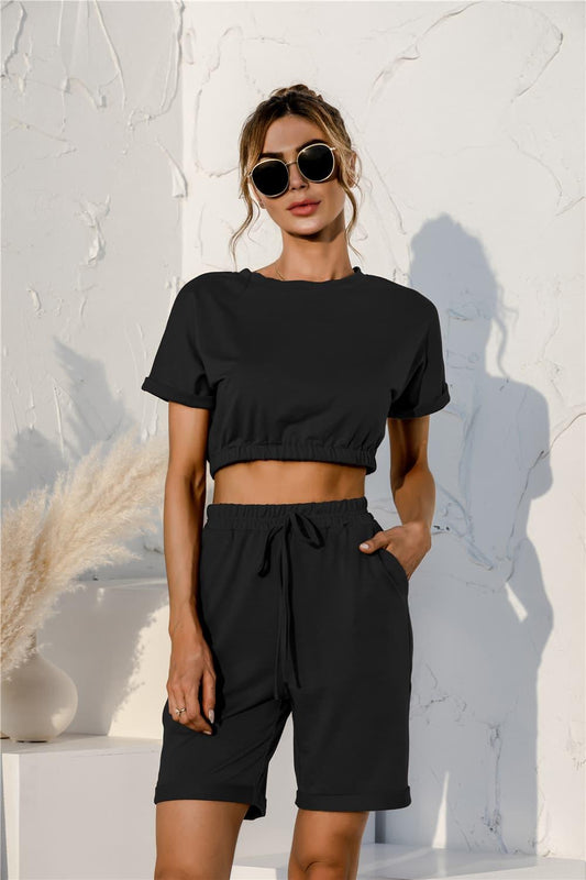 Short Sleeve Cropped Top and Drawstring Shorts Lounge Set - Clothes For Her Online Store