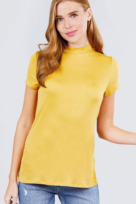 Short Sleeve Mock Neck Rayon Spandex Rib Top - Clothes For Her Online Store