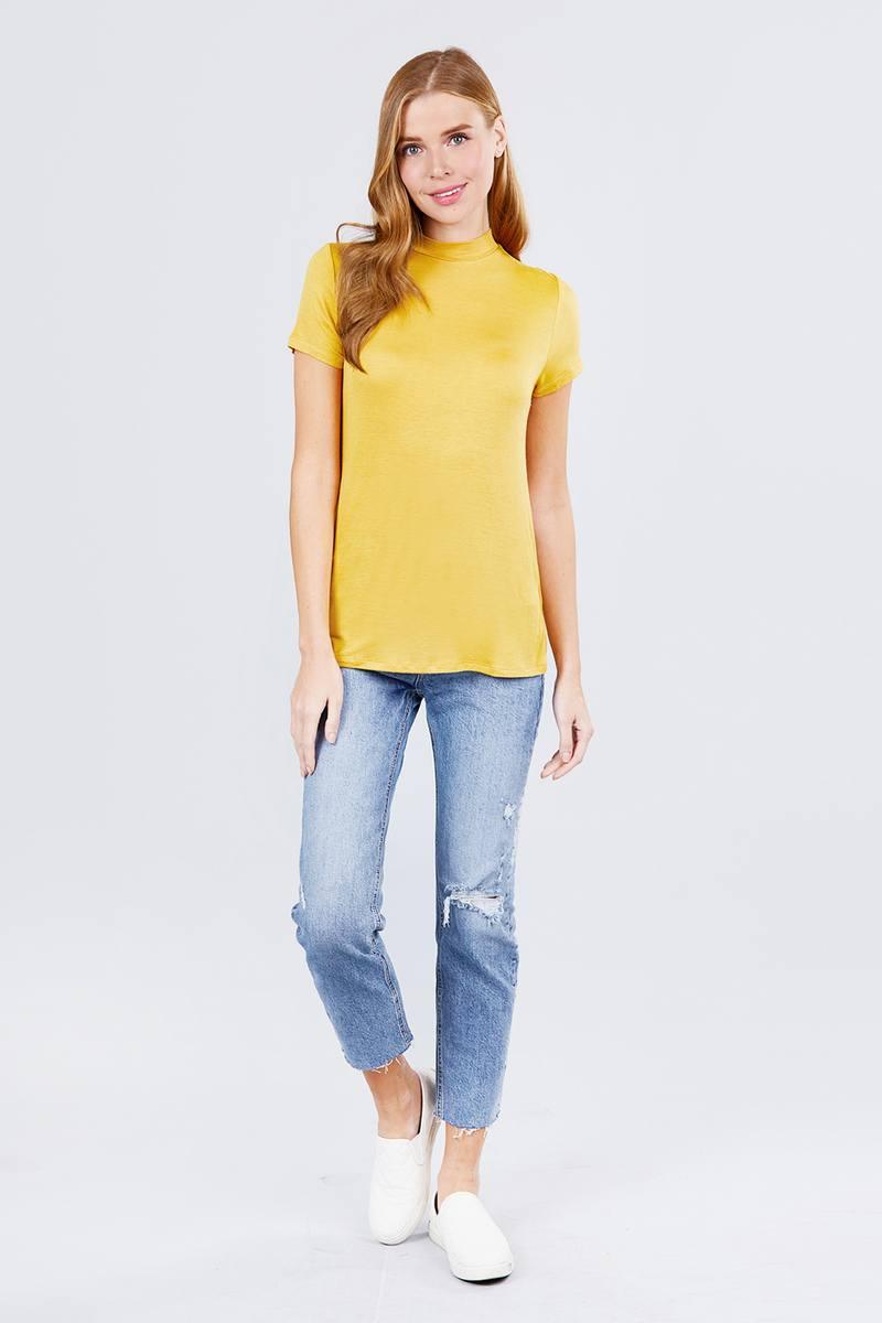 Short Sleeve Mock Neck Rayon Spandex Rib Top - Clothes For Her Online Store