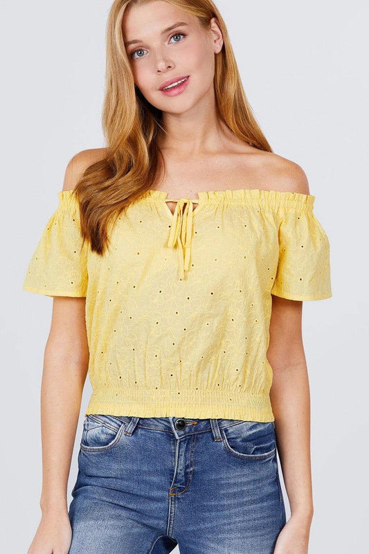 Short Sleeve Off The Shoulder Front Tie Detail Smocked Hem Eyelet Lace Woven Top - Clothes For Her Online Store