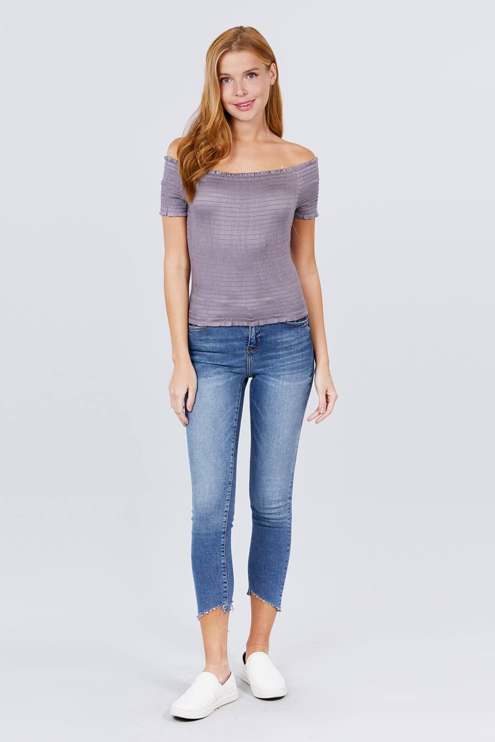 Short Sleeve Off The Shoulder Smocked Rayon Spandex Top - Clothes For Her Online Store