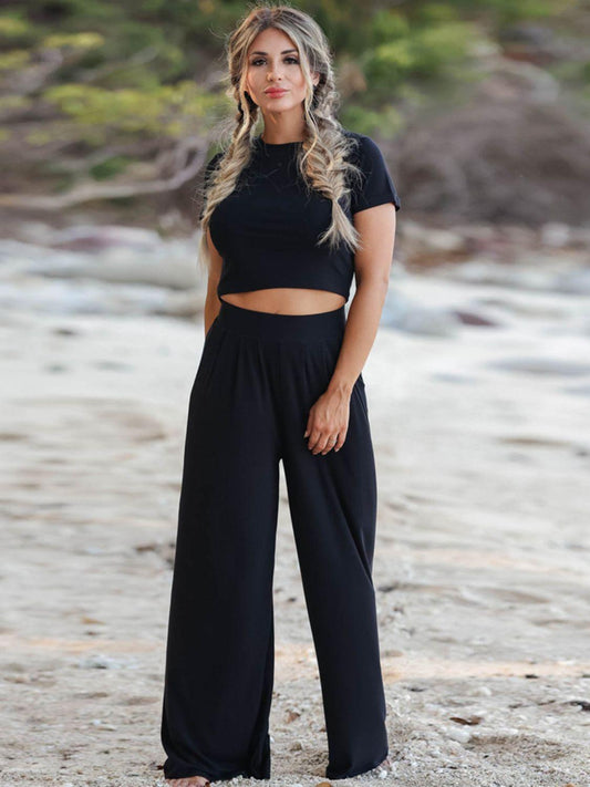 Short Sleeve T-Shirt and Wide Leg Pants Set - Clothes For Her Online Store
