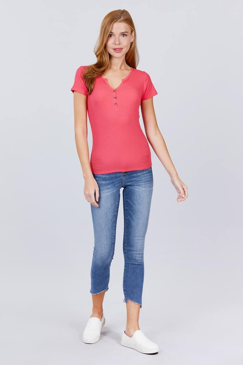 Short Sleeve W/button Detail Henley Neck Rib Knit Top - Clothes For Her Online Store