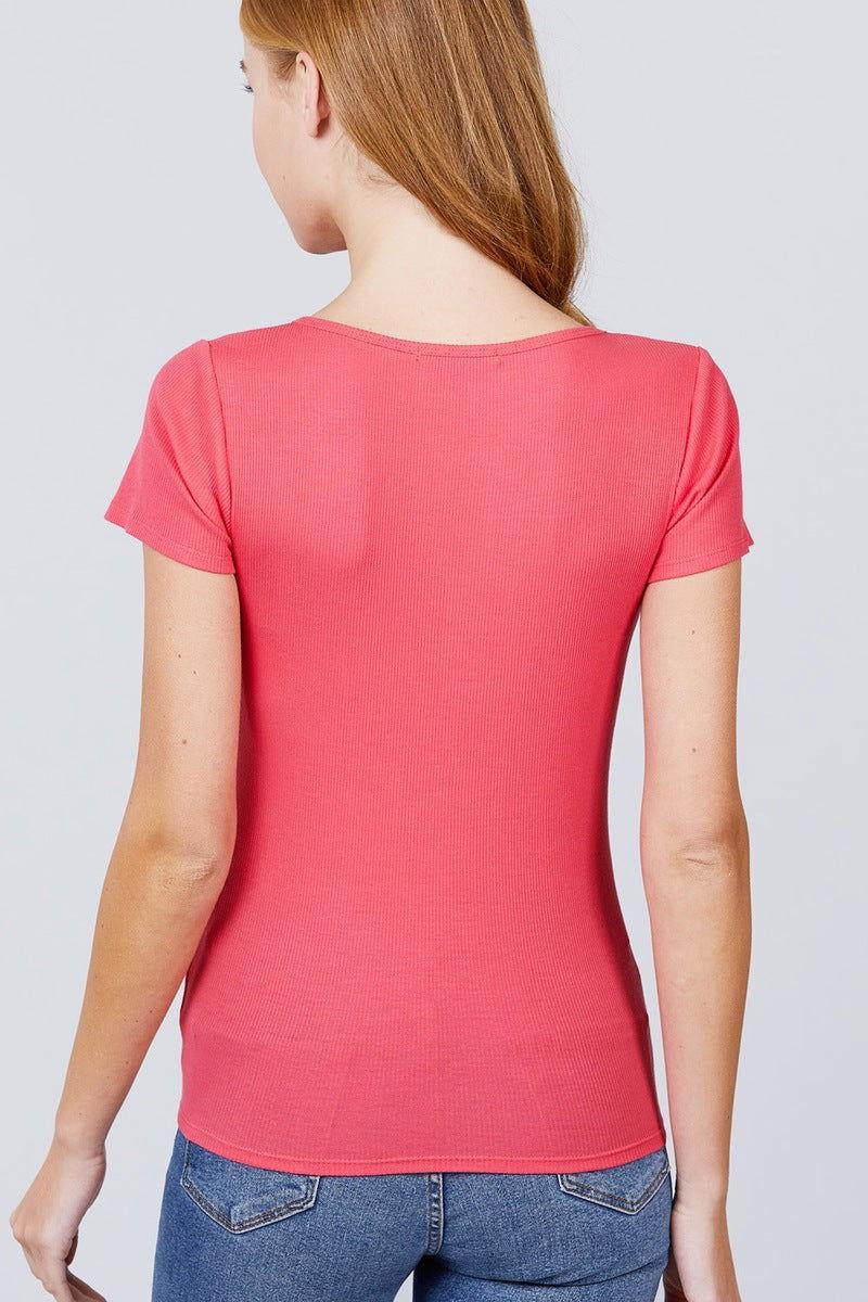 Short Sleeve W/button Detail Henley Neck Rib Knit Top - Clothes For Her Online Store