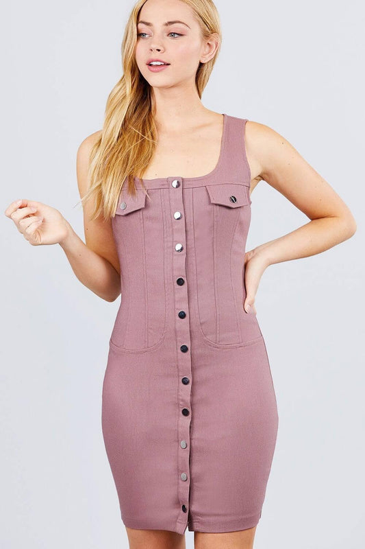 Sleeveless Deep Square Neck Button Down Detail Mini Woven Dress - Clothes For Her Online Store
