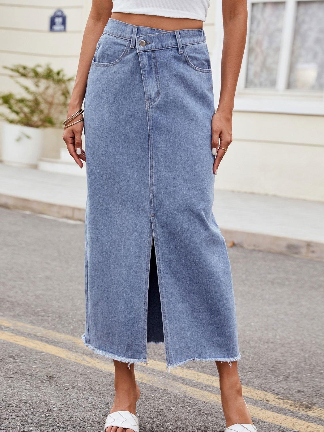 Slit Asymmetrical Waist Denim Skirt - Clothes For Her Online Store
