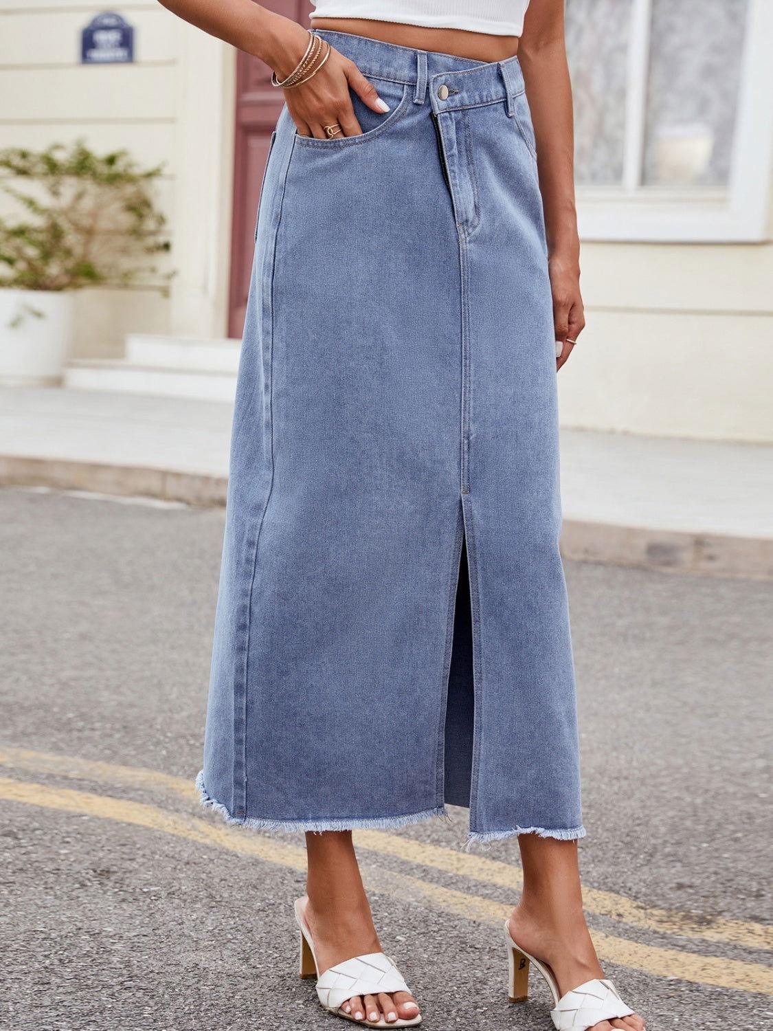 Slit Asymmetrical Waist Denim Skirt - Clothes For Her Online Store