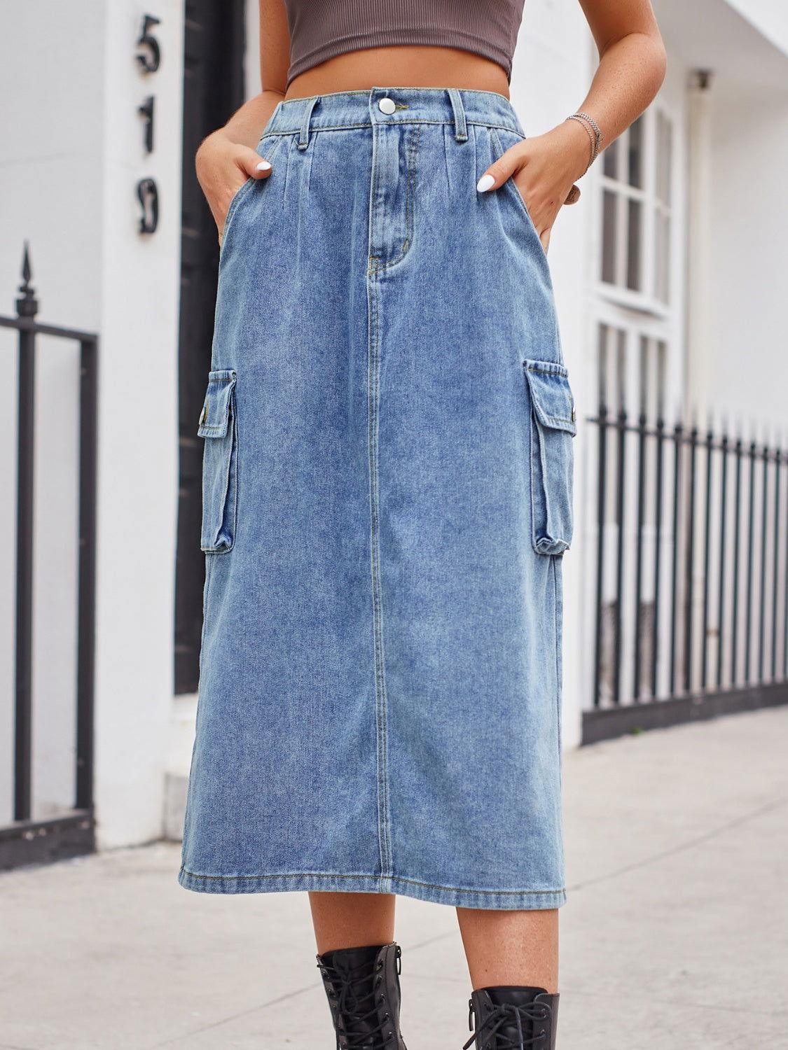 Slit Buttoned Denim Skirt with Pockets - Clothes For Her Online Store