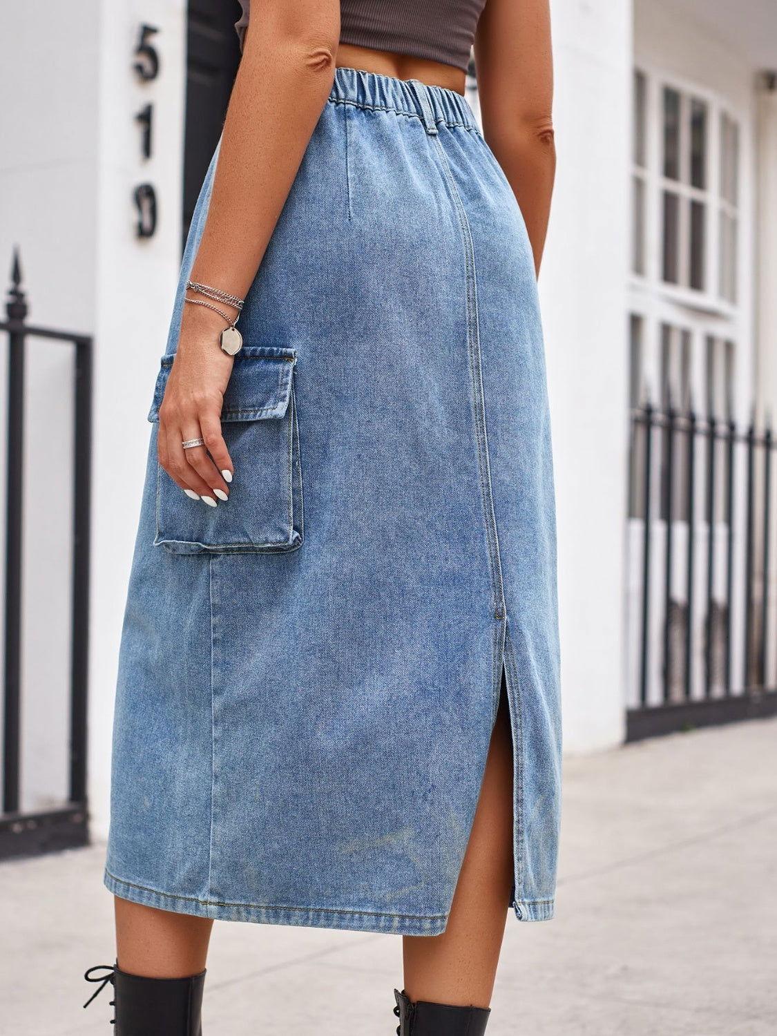 Slit Buttoned Denim Skirt with Pockets - Clothes For Her Online Store