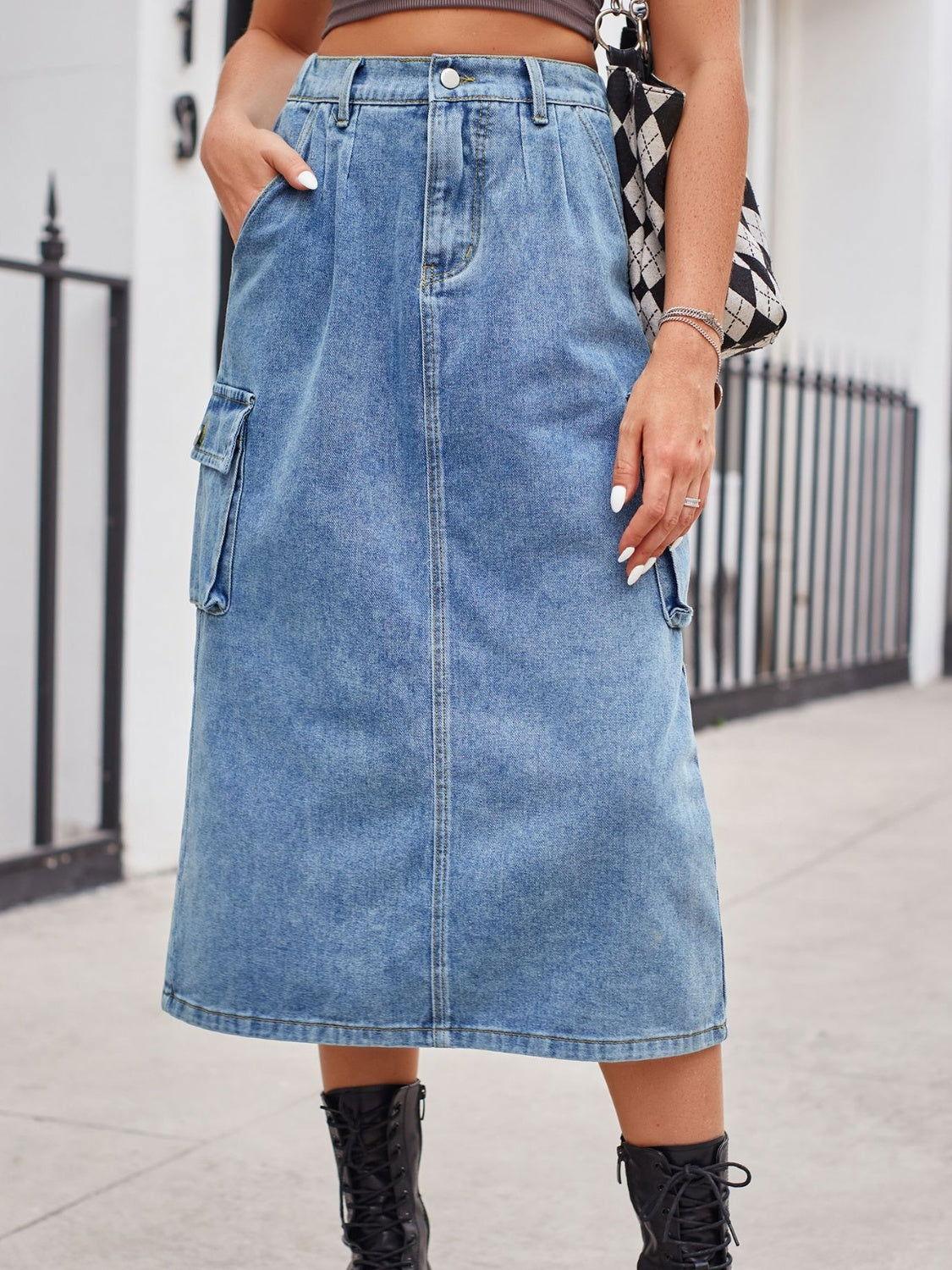 Slit Buttoned Denim Skirt with Pockets - Clothes For Her Online Store