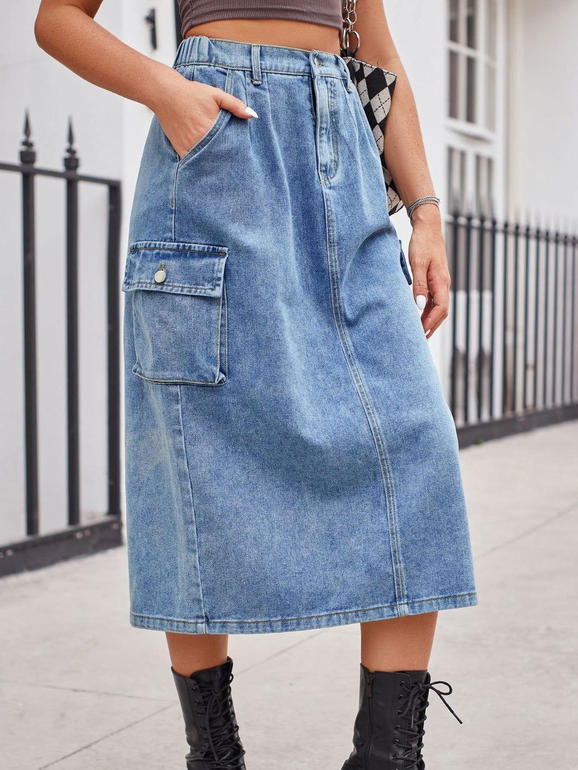 Slit Buttoned Denim Skirt with Pockets - Clothes For Her Online Store