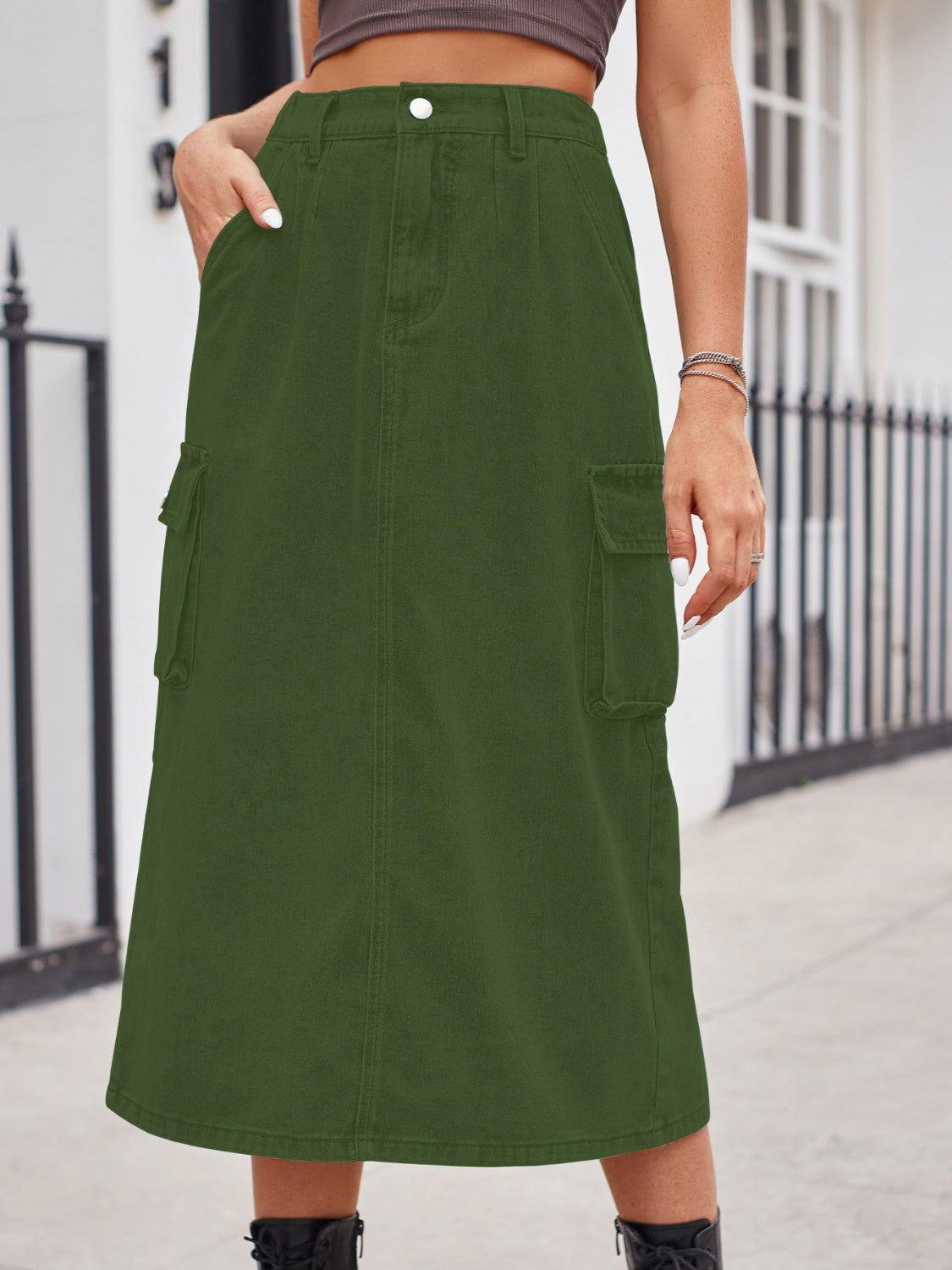 Slit Buttoned Denim Skirt with Pockets - Clothes For Her Online Store