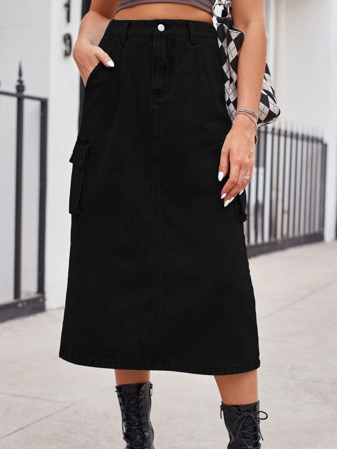 Slit Buttoned Denim Skirt with Pockets - Clothes For Her Online Store