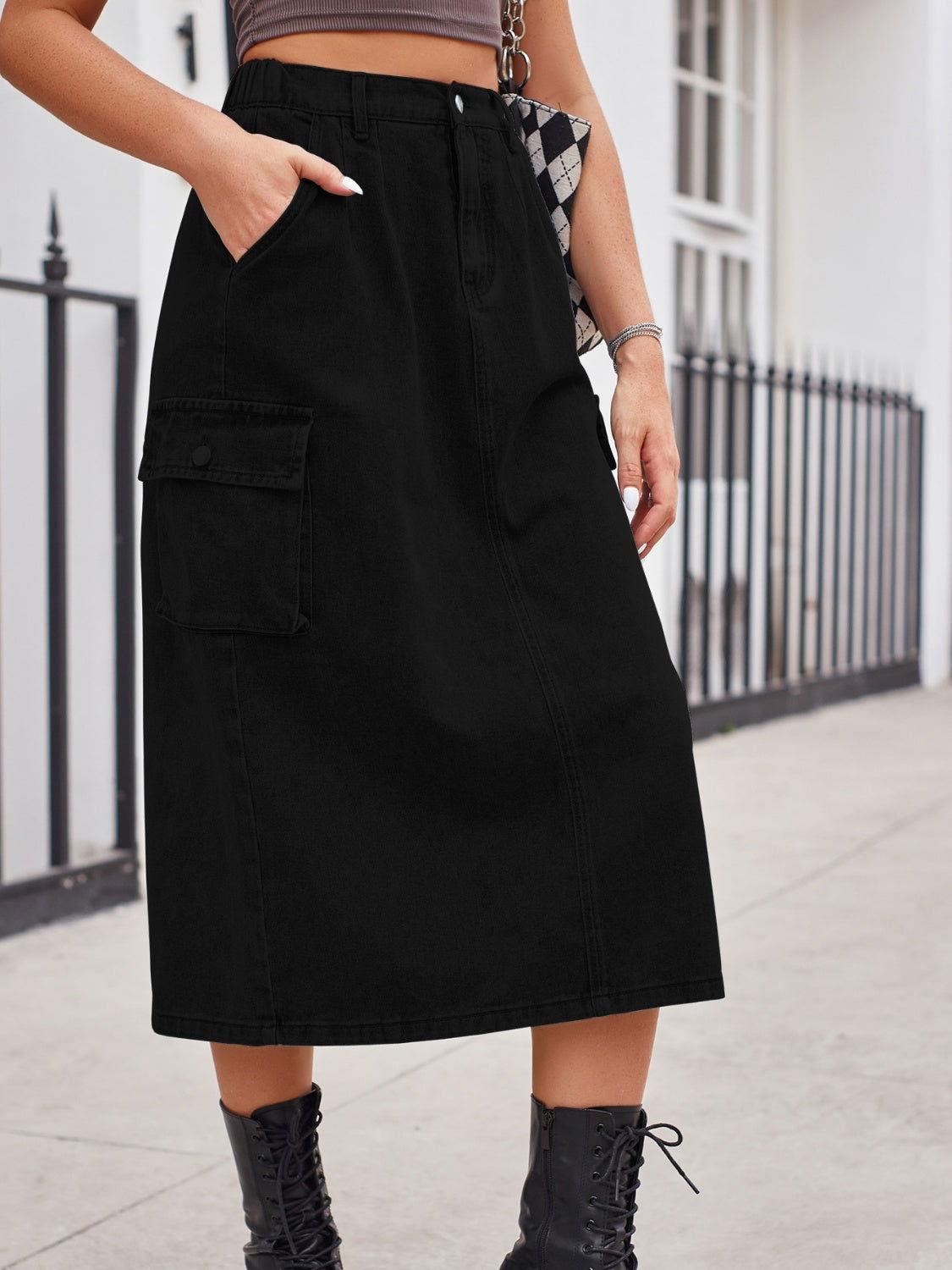 Slit Buttoned Denim Skirt with Pockets - Clothes For Her Online Store