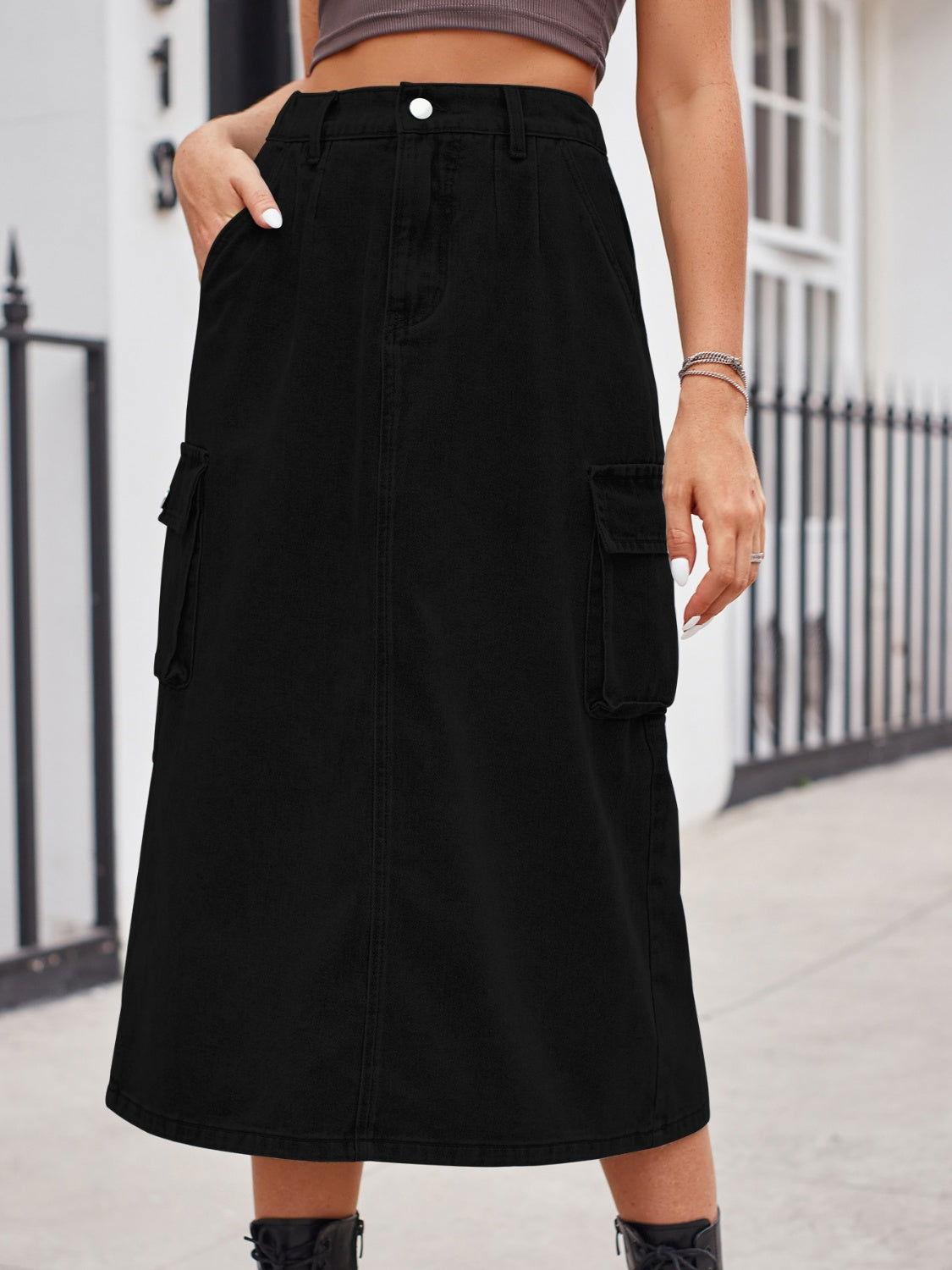 Slit Buttoned Denim Skirt with Pockets - Clothes For Her Online Store