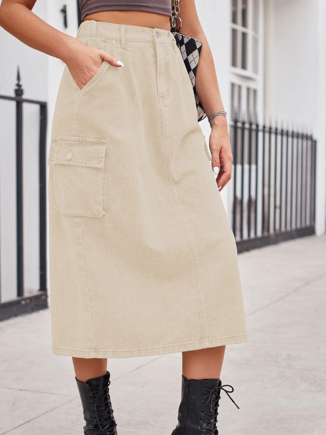 Slit Buttoned Denim Skirt with Pockets - Clothes For Her Online Store
