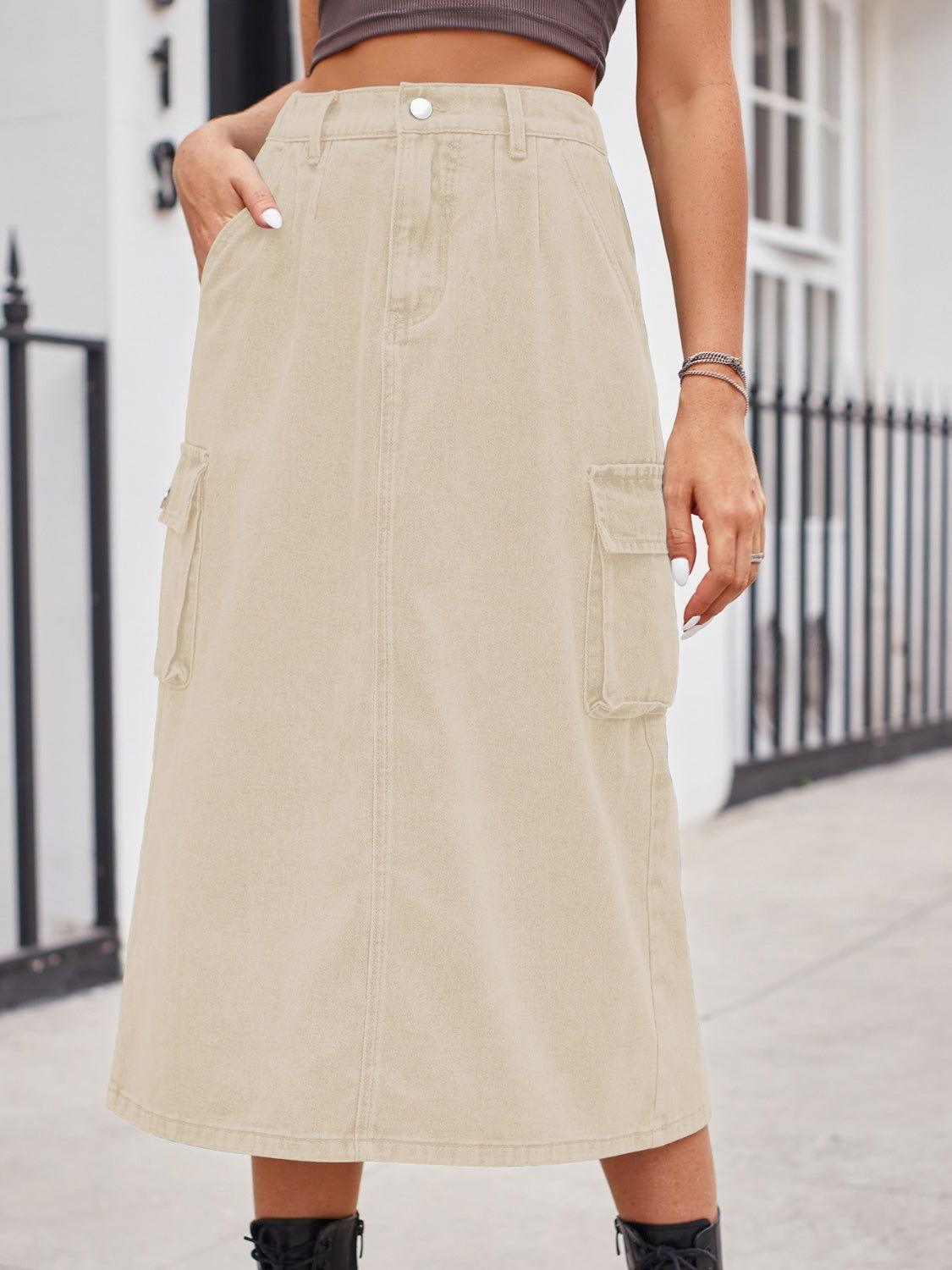 Slit Buttoned Denim Skirt with Pockets - Clothes For Her Online Store