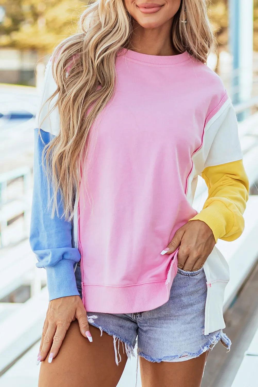 Slit Contrast Round Neck Long Sleeve Sweatshirt - Clothes For Her Online Store