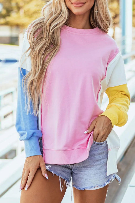 Slit Contrast Round Neck Long Sleeve Sweatshirt - Clothes For Her Online Store
