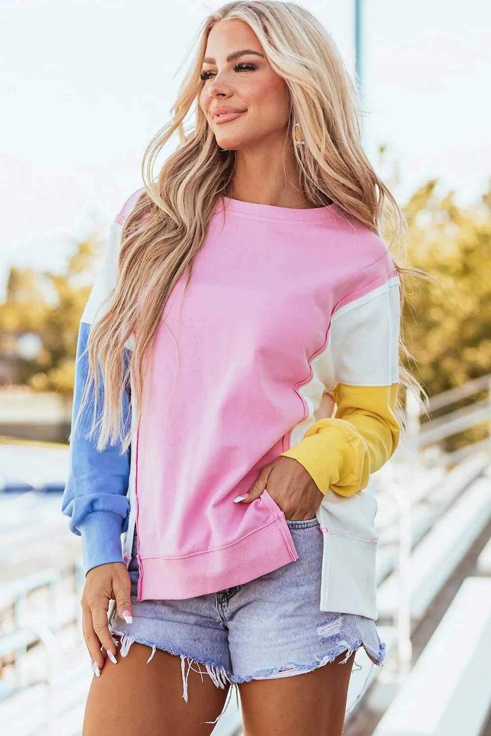 Slit Contrast Round Neck Long Sleeve Sweatshirt - Clothes For Her Online Store