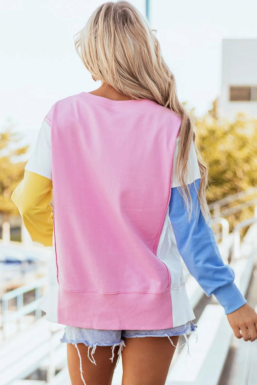 Slit Contrast Round Neck Long Sleeve Sweatshirt - Clothes For Her Online Store