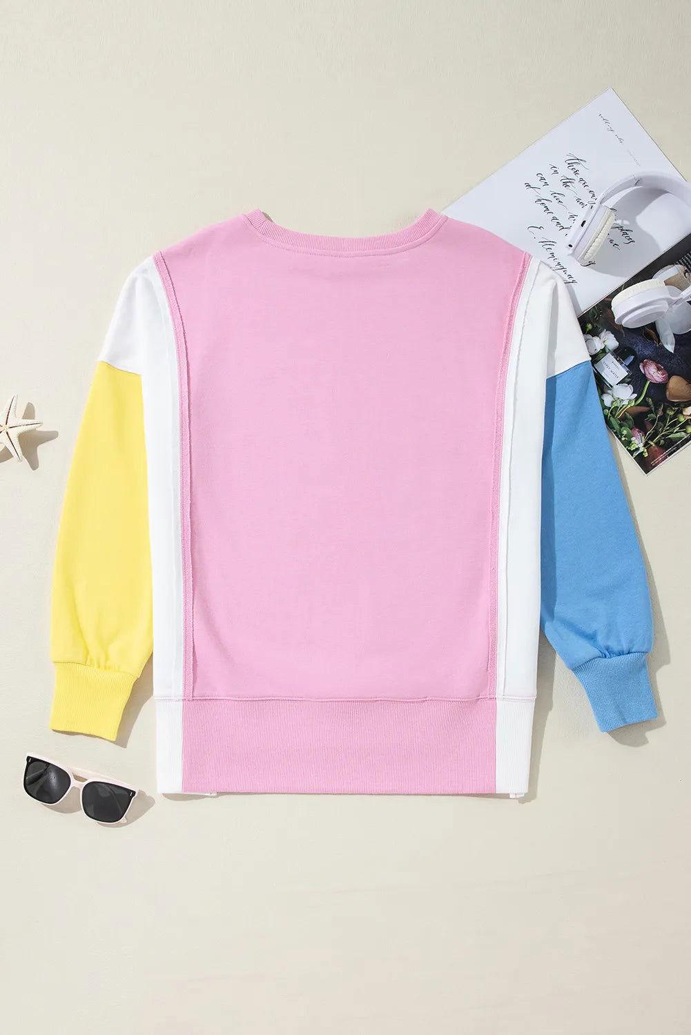Slit Contrast Round Neck Long Sleeve Sweatshirt - Clothes For Her Online Store