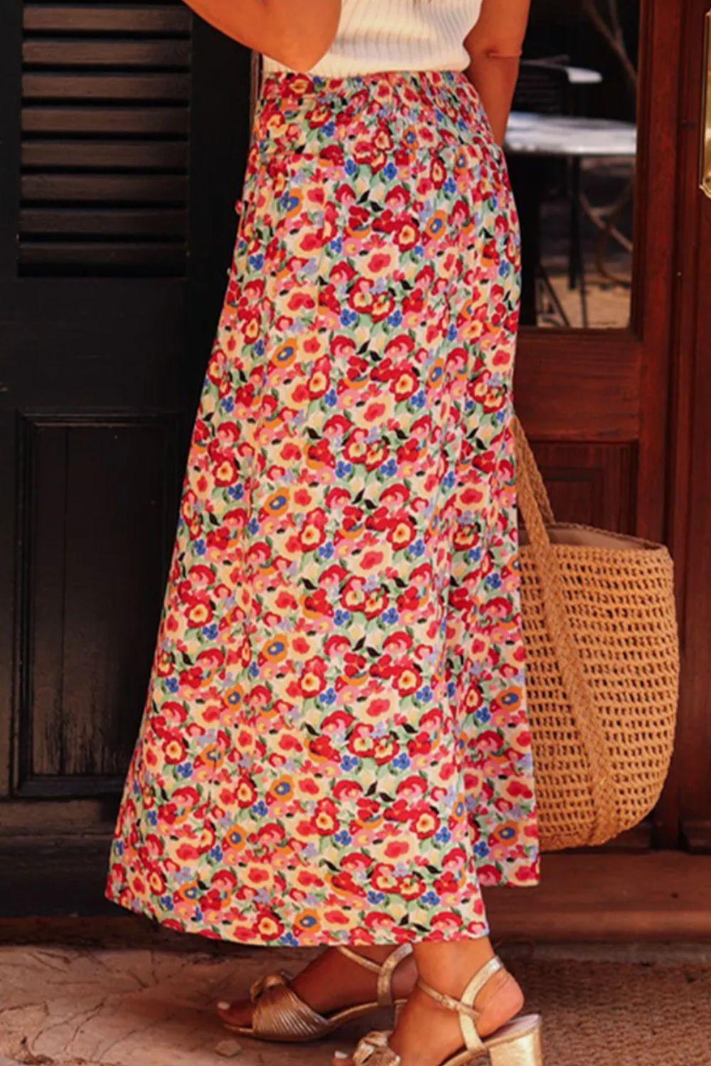 Slit Floral Midi Skirt - Clothes For Her Online Store