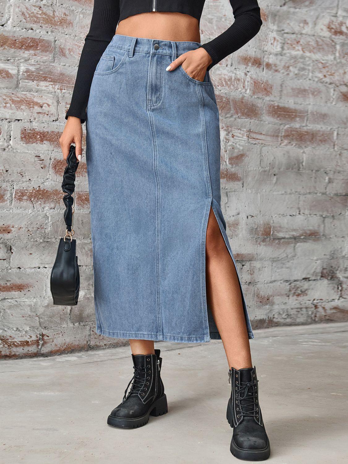 Slit High Waist Denim Skirt with Pockets - Clothes For Her Online Store