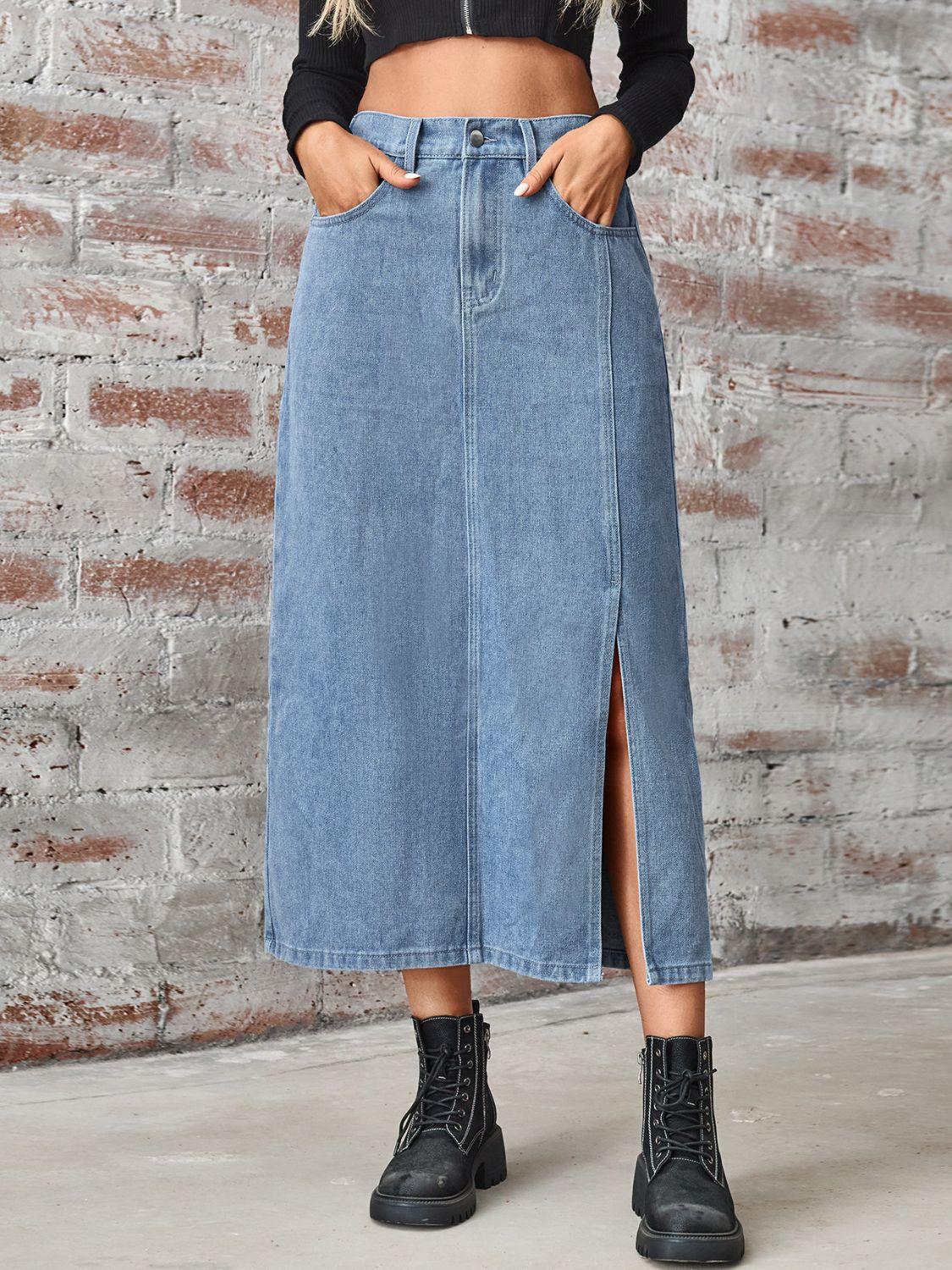 Slit High Waist Denim Skirt with Pockets - Clothes For Her Online Store