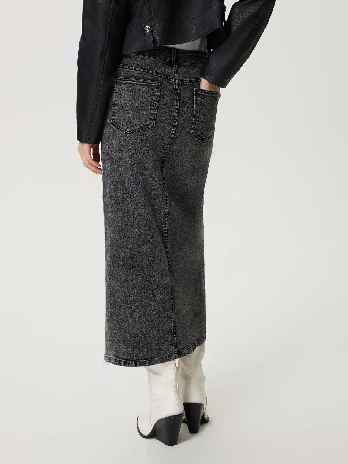Slit Midi Denim Skirt with Pockets - Clothes For Her Online Store