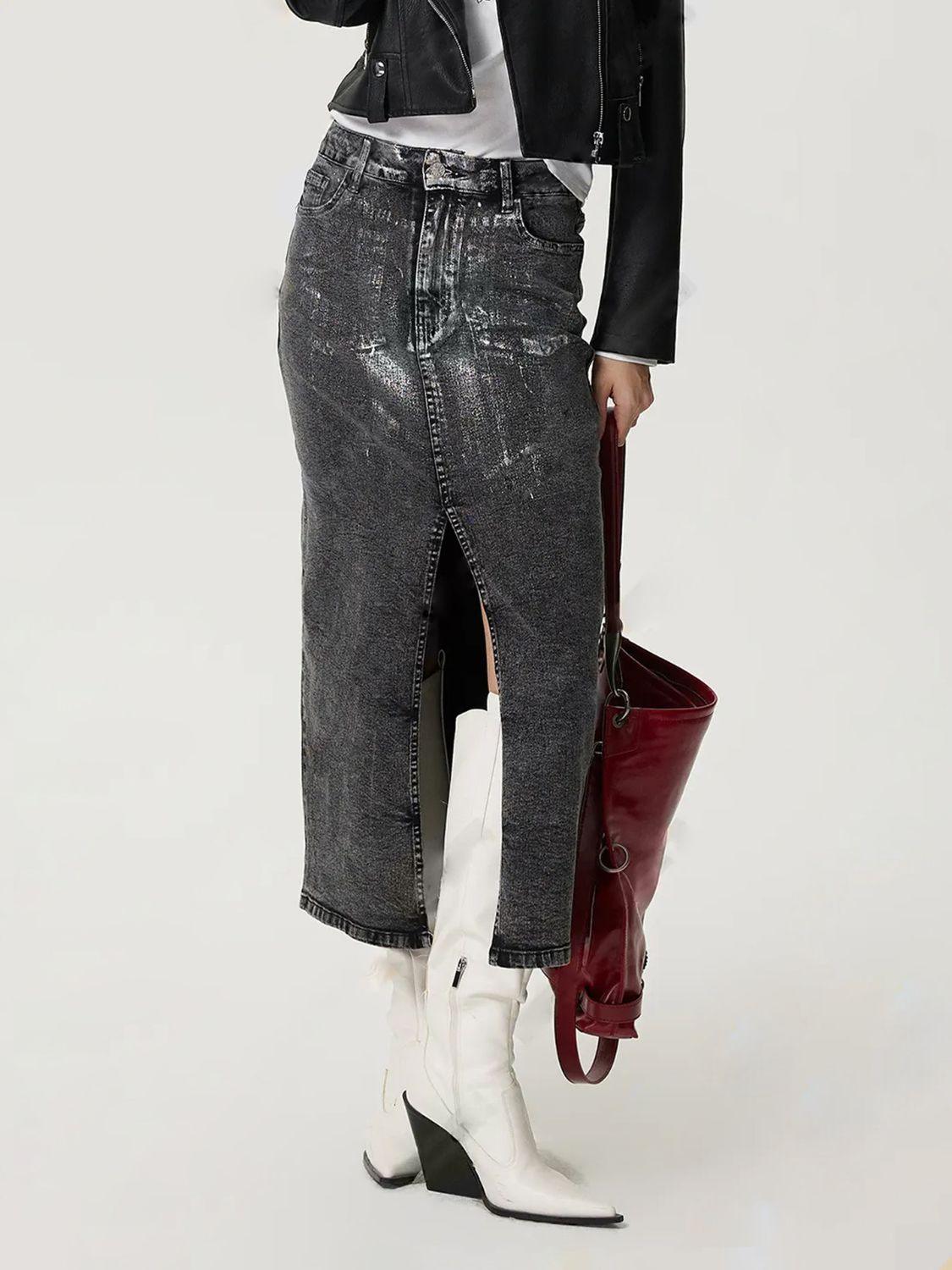 Slit Midi Denim Skirt with Pockets - Clothes For Her Online Store