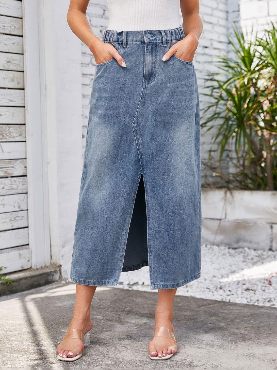 Slit Midi Denim Skirt with Pockets - Clothes For Her Online Store