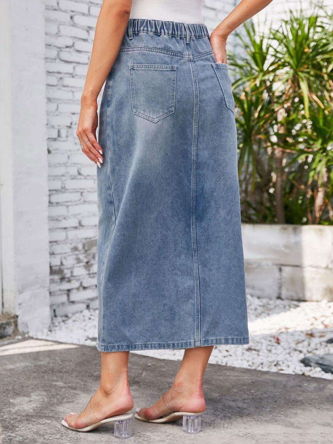 Slit Midi Denim Skirt with Pockets - Clothes For Her Online Store