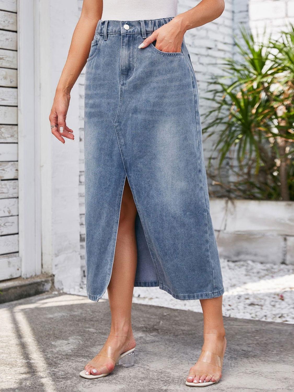 Slit Midi Denim Skirt with Pockets - Clothes For Her Online Store