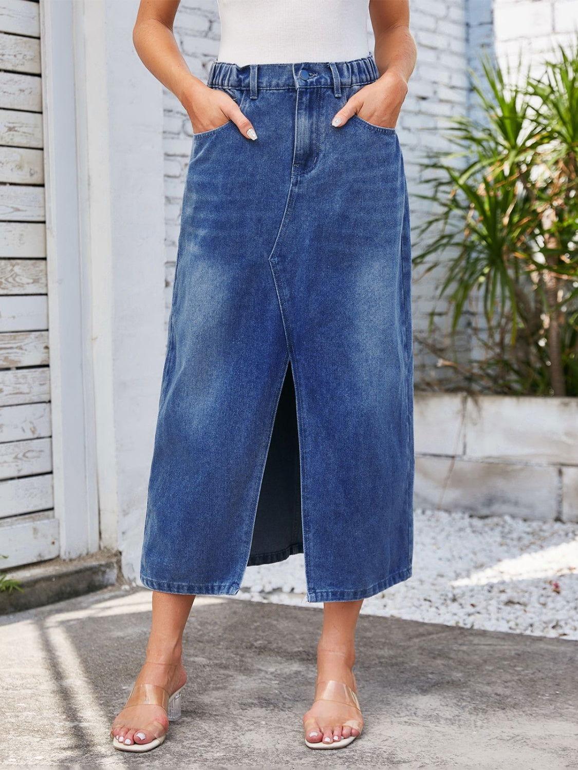 Slit Midi Denim Skirt with Pockets - Clothes For Her Online Store
