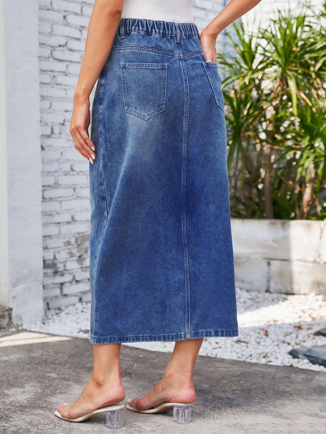 Slit Midi Denim Skirt with Pockets - Clothes For Her Online Store