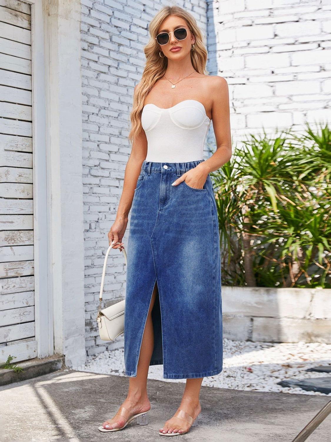 Slit Midi Denim Skirt with Pockets - Clothes For Her Online Store