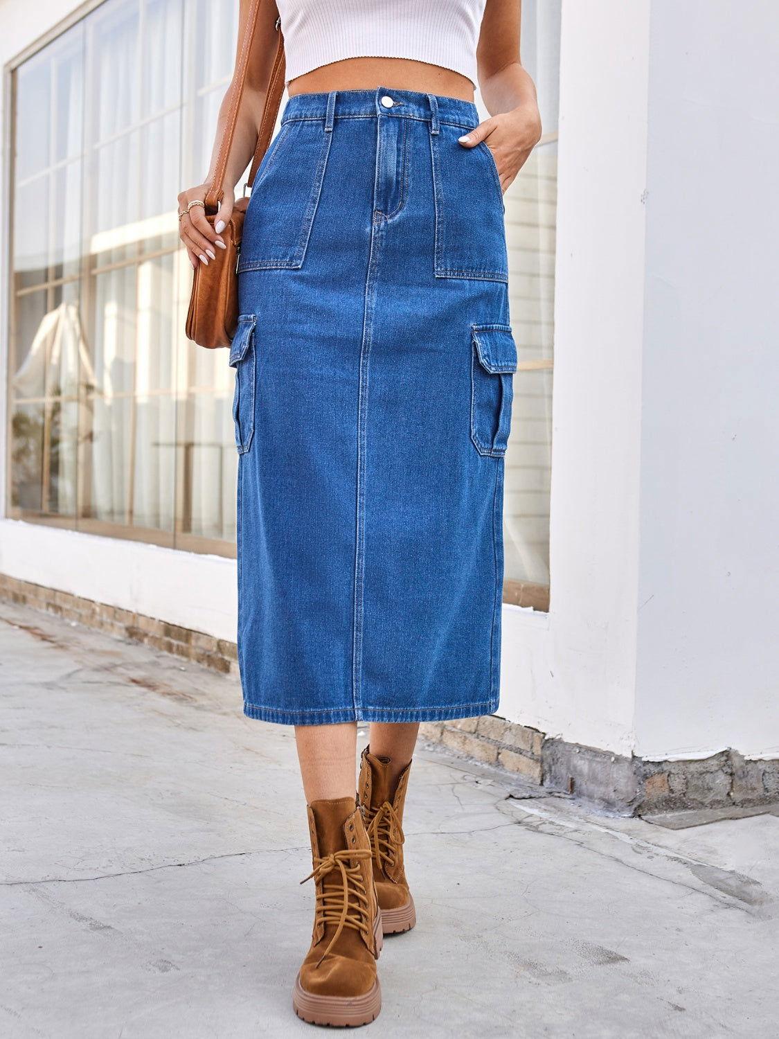 Slit Midi Denim Skirt with Pockets - Clothes For Her Online Store