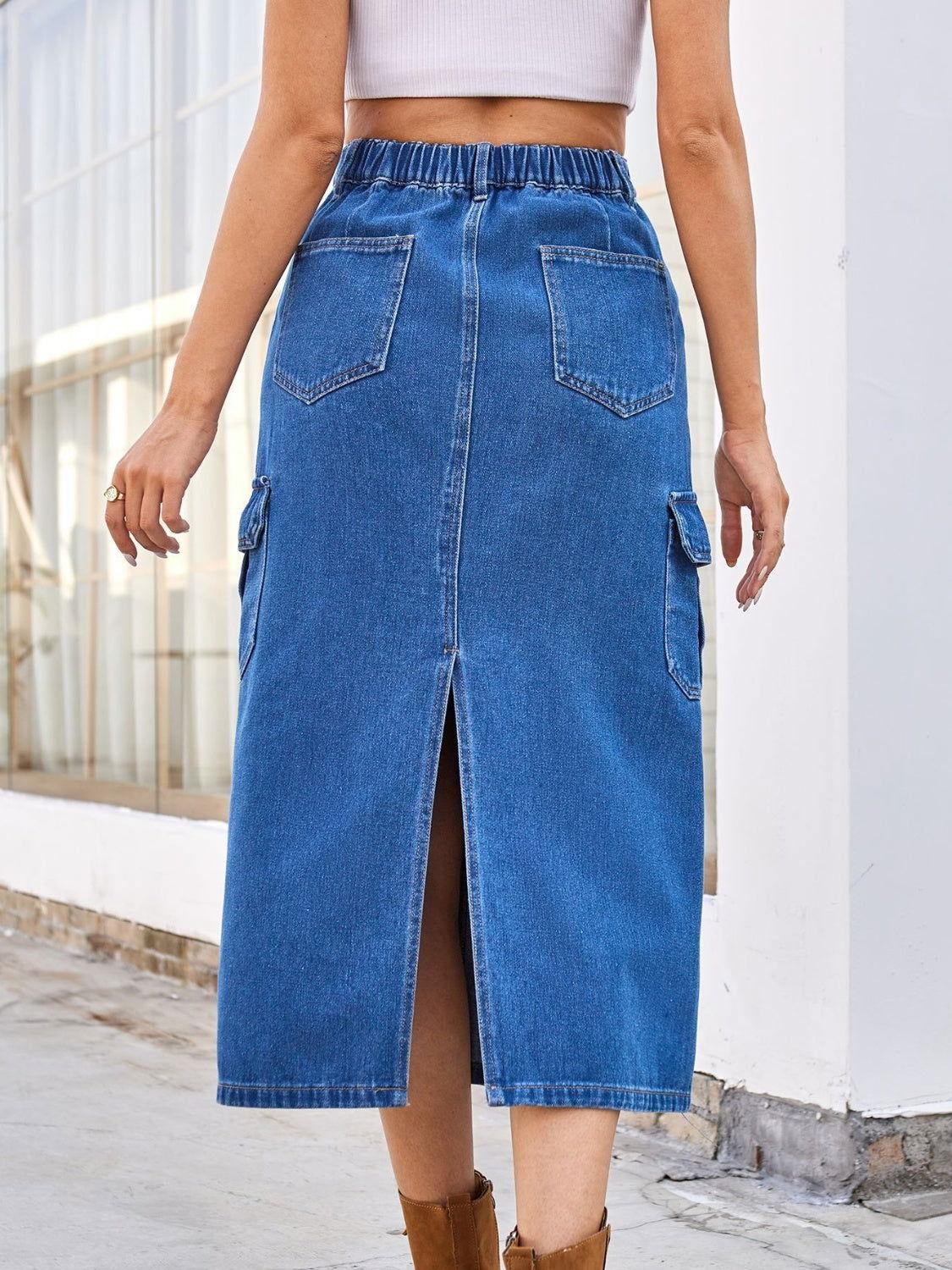 Slit Midi Denim Skirt with Pockets - Clothes For Her Online Store