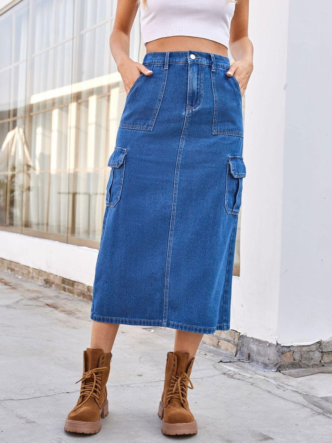 Slit Midi Denim Skirt with Pockets - Clothes For Her Online Store