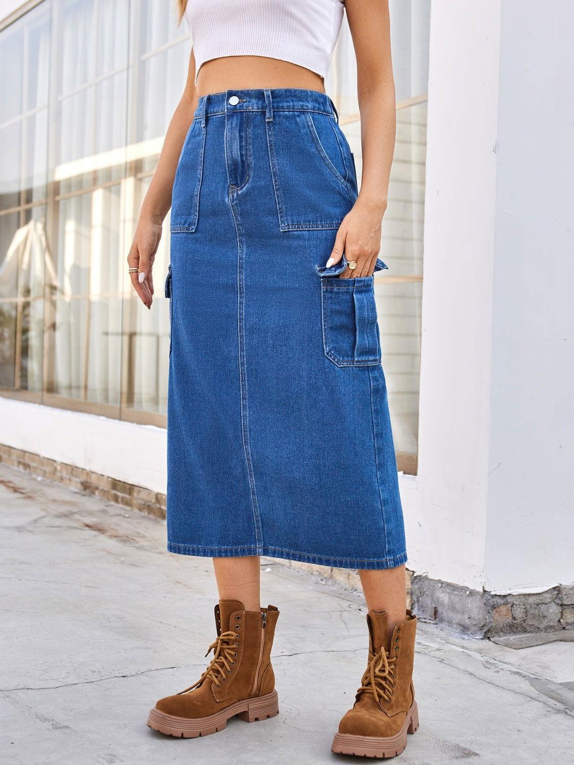 Slit Midi Denim Skirt with Pockets - Clothes For Her Online Store
