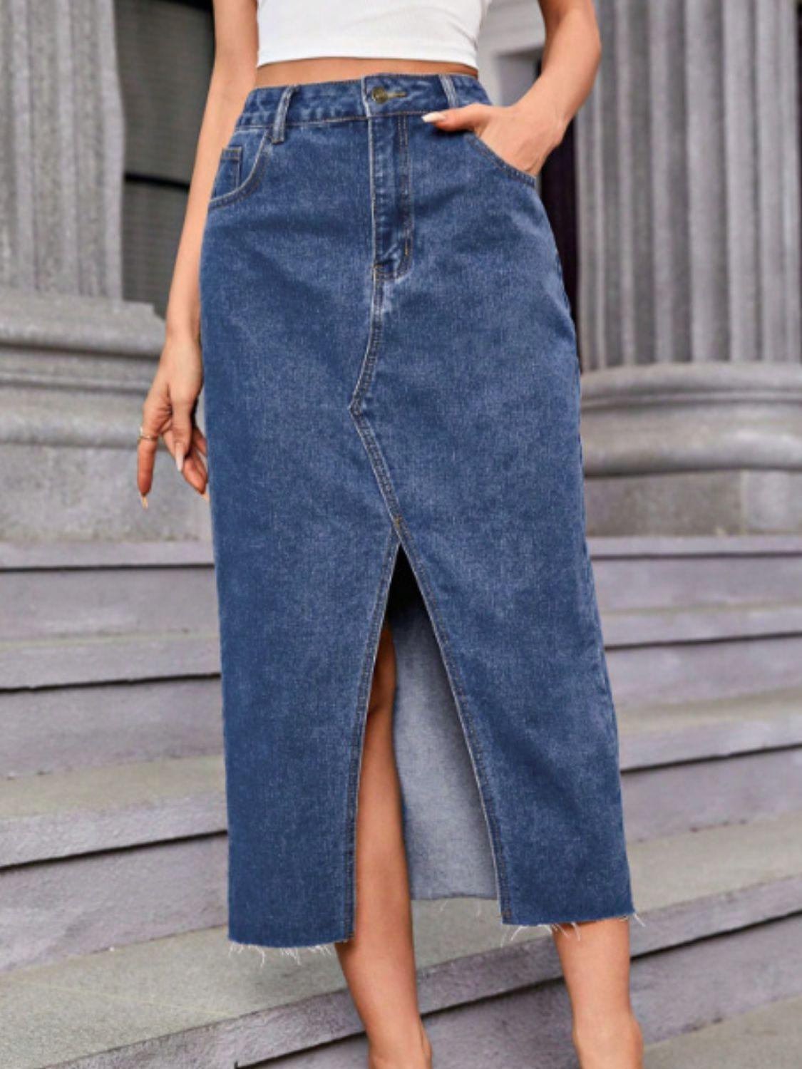 Slit Midi Denim Skirt with Pockets - Clothes For Her Online Store